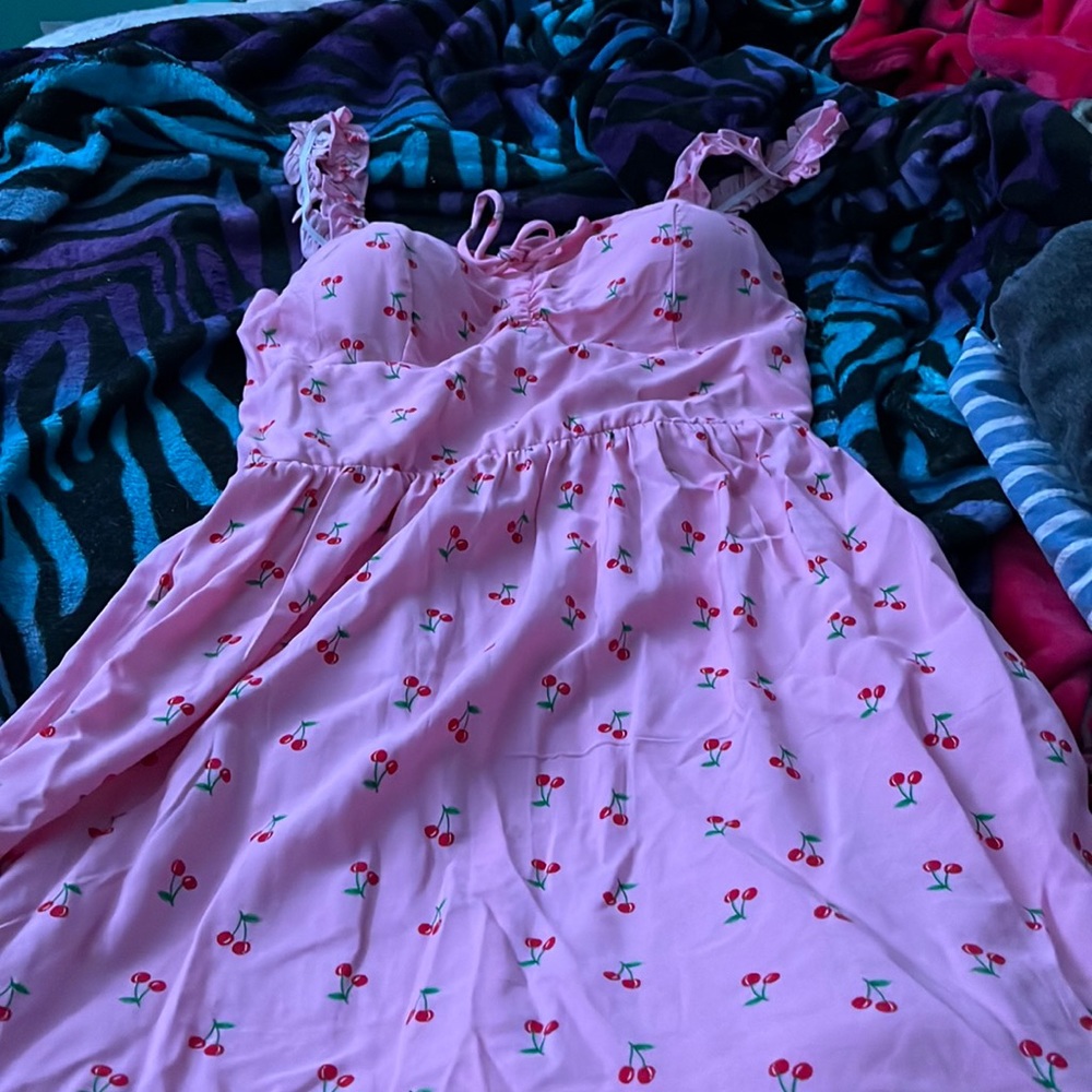 originally thrifted pink dress with cherries